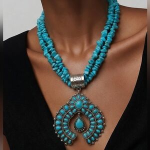 Turquoise Squash Blossom Statement Necklace Chunky Double Strand Western Boho